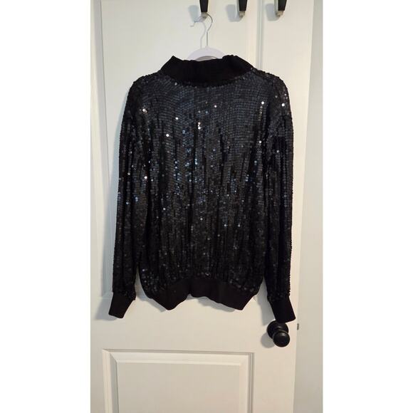 Vintage Cee Cee Black Silk Sequin Bomber Jacket Zip Front Party Top Size M - Picture 2 of 3